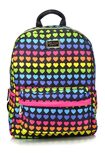 foldable backpack for emergencies -Backpack for short trails-Betsey Johnson Nylon Backpack, Rainbow Hearts