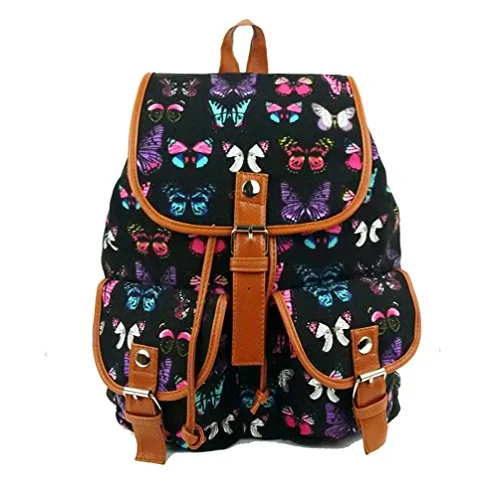 multipurpose backpack for students -Durable backpack for urban-Bibitime European Style Butterfly Printed Canvas Backpack Multi-Pocket School Bag Black,12.99 X