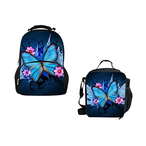 waterproof backpack for sports activities -Backpack with outer loops-Bigcardesigns 3D Blue Butterfly School Bag Backpack And Lunch Bag Set