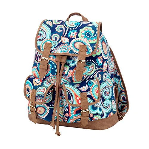 convertible shoulder bag backpack -Waterproof backpack for commuting-Fashion Print Faux Leather Buckles Drawstring Campus Backpack (Paisley - Blank)