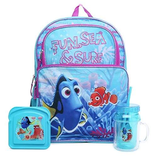 eco-friendly backpack made from recycled materials -Backpack with headphone port-Finding Dory Backpack Back To School Lunch Bundle - 16" Cargo Backpack, Water Bottle And Sandwich