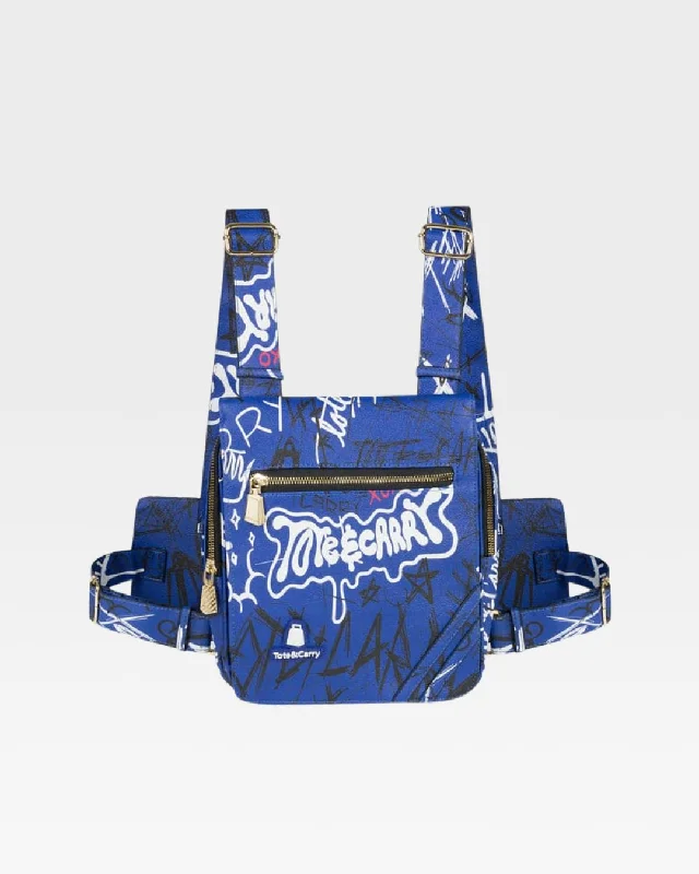 stylish leather backpack-Bag with plush padding-Royal Blue Graffiti Chest Bag