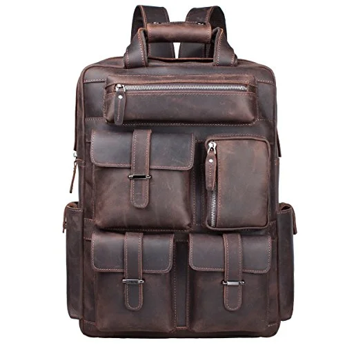 fashion-forward mini backpack for casual wear -Affordable backpack for school-S-Zone Vintage Crazy Horse Genuine Leather Backpack Multi Pockets Travel Sports Bag