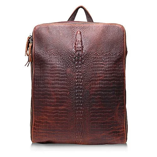 stylish travel backpack for women -Heavy duty backpack-Sealinf Men'S Crocodile Pattern Cowhide Backpack Shoulder Bag (Dark Brown)