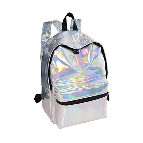 durable hiking backpack for multi-day trips -Durable backpack for women-Tinksky Girl'S Sliver Holographic Laser Pu Leather School Backpack Travel Casual Daypack