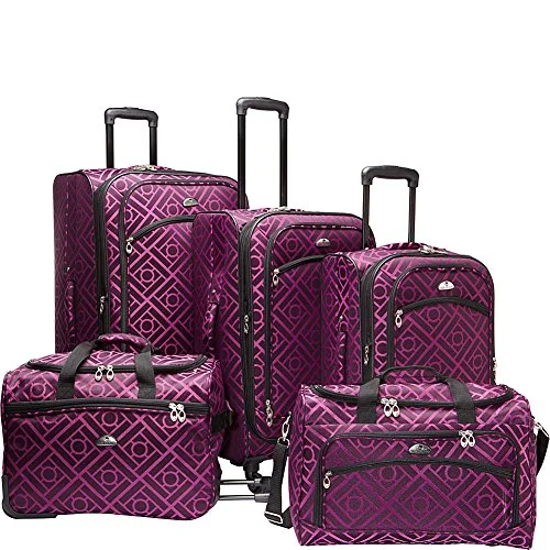 suitcase with detachable compartments-suitcase with lock system-American Flyer Astor 5-Piece Spinner Luggage Set, Black/Purple, One Size