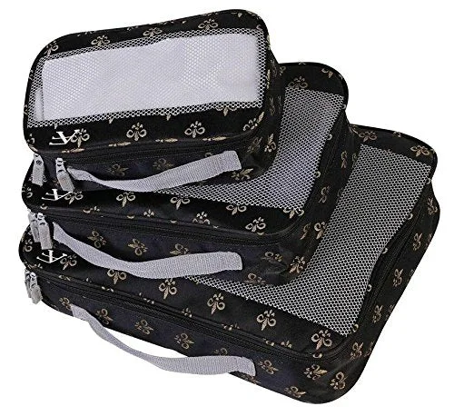 suitcase for storing travel essentials-suitcase with bumper edges-American Flyer Fleur De Lis 3 Piece Set Perfect Packing System, Black, One Size