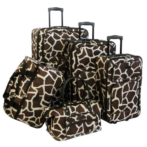 suitcase that won’t lose balance-suitcase cleaning for spills-American Flyer Luggage Animal Print 5 Piece Set, Giraffe Brown, One Size