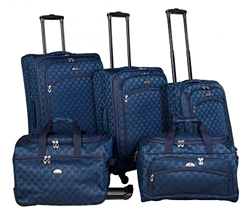 suitcase with innovative packing features-suitcase with tough lining-American Flyer Madrid 5 Piece Spinner Luggage Set (Black Blue)