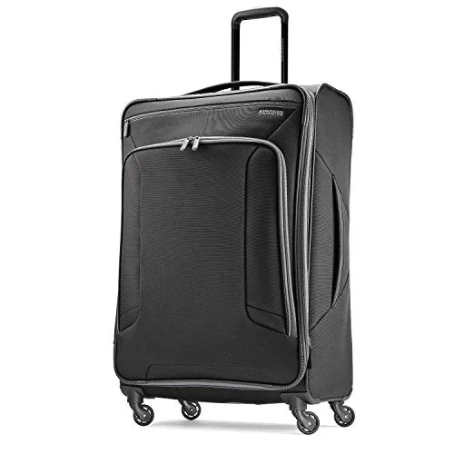 suitcase for honeymoon trips-suitcase with strong zippers-American Tourister 4 Kix Spinner 28, Black/Grey