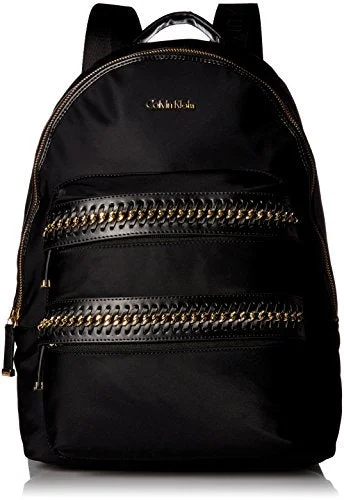 comfortable daypack for long walks -Backpack for teenagers-Calvin Klein Florence Nylon Woven Chain Pocket Backpack, Blk/Gold