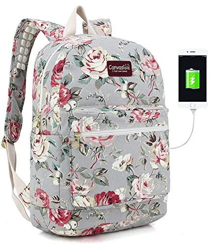 backpack with expandable storage -Backpack with top straps-Canvaslove Rose Blue Canvas Waterproof Laptop Backpack With Massage Cushion Straps And Usb Charging