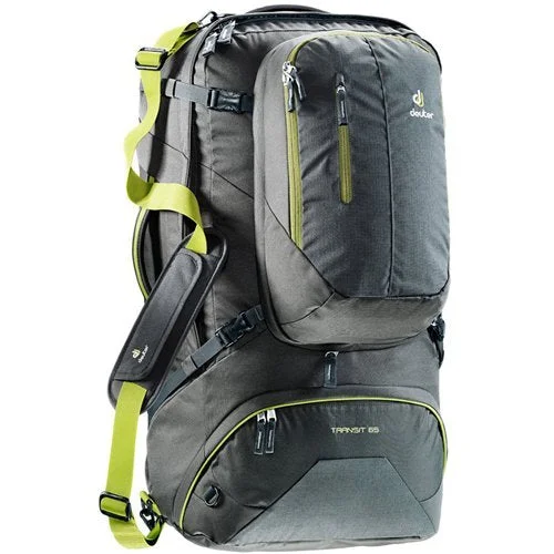 expandable travel backpack with organizational pockets -Travel backpack for small loads-Deuter Transit 65 Backpack (Anthracite/Moss)