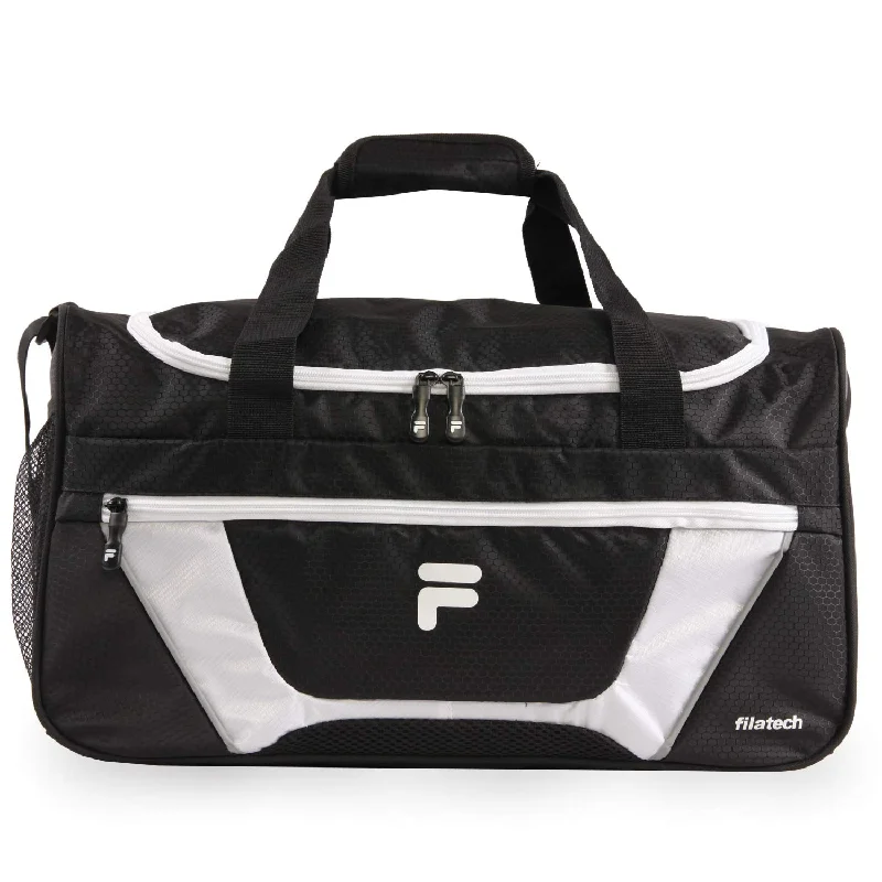 compact gym bag with integrated bottle holder -Sports bag for chews-Fila Cannon 3 Small Duffel Gym Sports Bag, Black/White, One Size