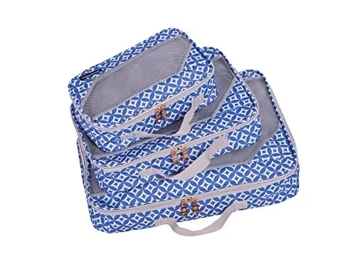 suitcase for packing business and casual outfits separately-suitcase with elastic bands-Jenni Chan Colima Packing Cube-3-Piece Set, Blue