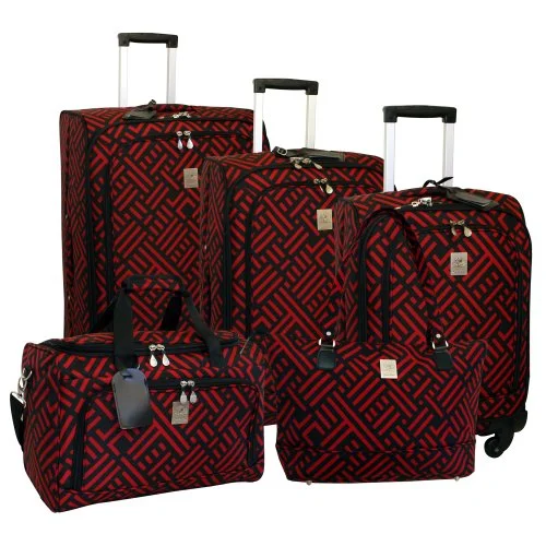 suitcase that accommodates a variety of travel needs-suitcase with quiet gliding-Jenni Chan Signature 5 Piece Luggage Set, Black/Red, One Size