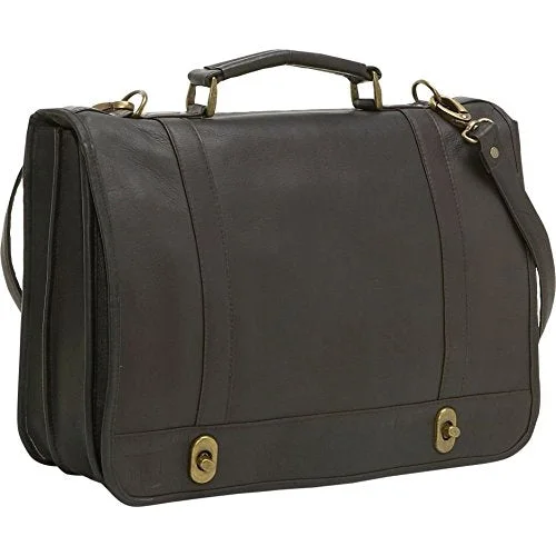 suitcase for tropical vacations-suitcase for extra luggage-Ledonne Br-18-Café Leather Flap Over Twist Lock Brief