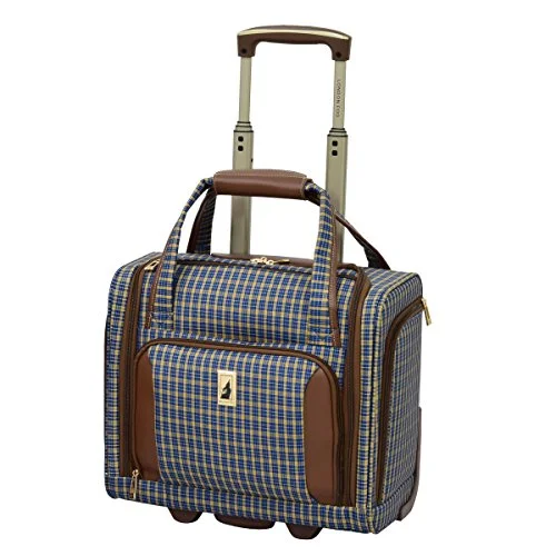 suitcase with best wheels-suitcase for bus travel-London Fog Kensington Ultra-Lightweight 15Inch 2-Wheel Under The Seat Bag, Blue Tan Plaid