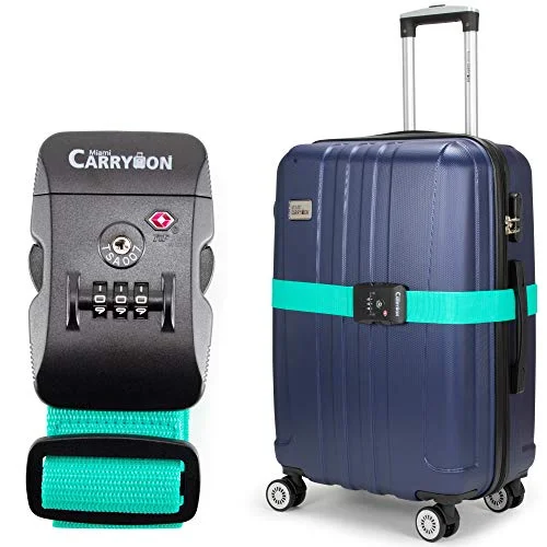 suitcase with extra-wide handle grip-suitcase packing for trips-Miami CarryOn Adjustable Luggage Strap with a Built-in TSA Combination Lock (Light Blue)