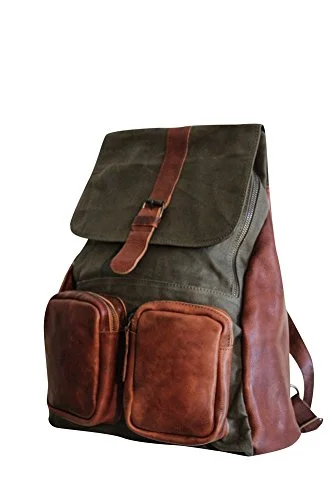 high-tech backpack with smart lock -Backpack for kids-Sharo Leather Bags Leather And Canvas Backpack (Green And Brown Two Tone)